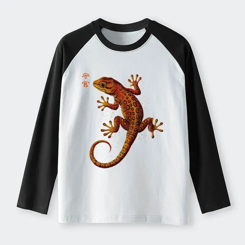 Kyoto-Lion Retro Gecko Funny Raglan Long Sleeve T-shirt