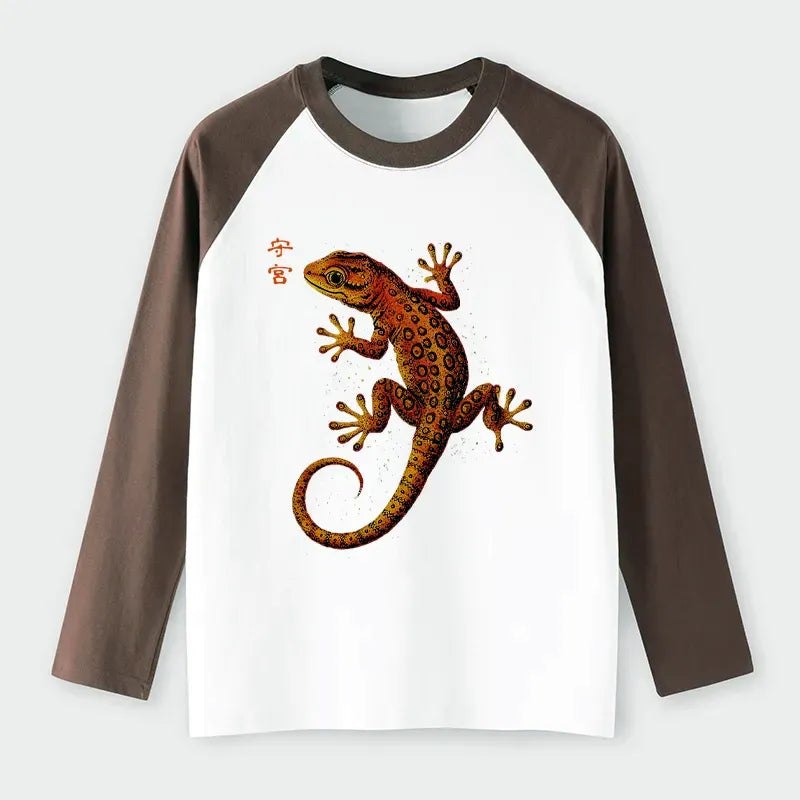 Kyoto-Lion Retro Gecko Funny Raglan Long Sleeve T-shirt