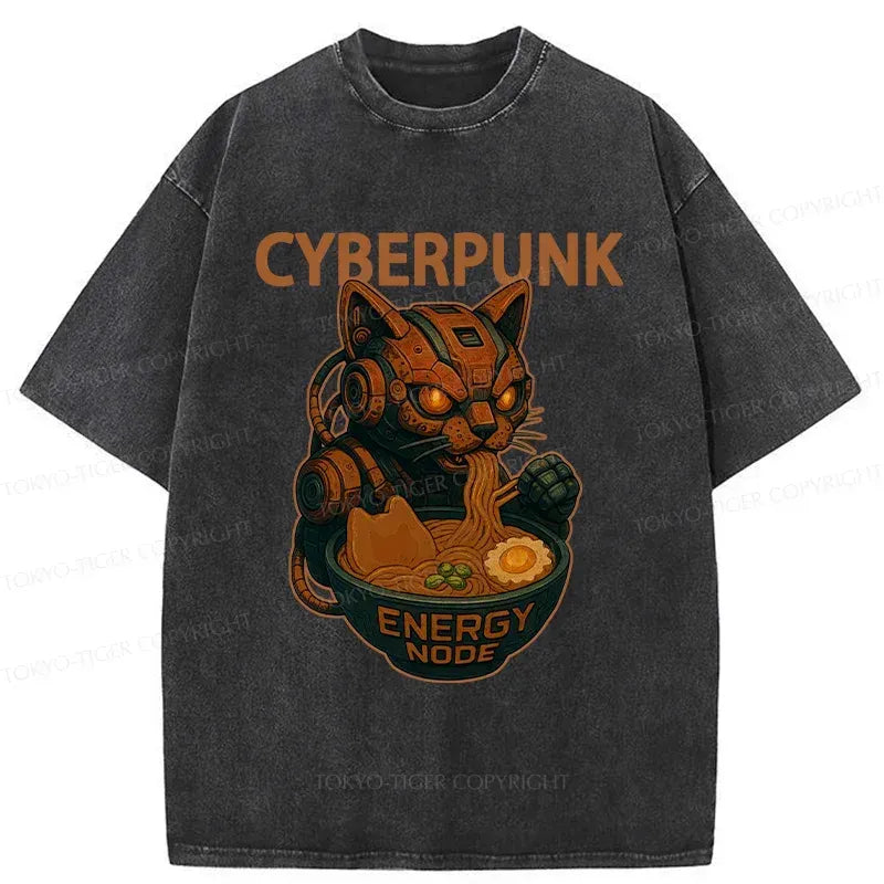Kyoto-Lion Retro Machine Cat Eating Ramen Washed T-Shirt