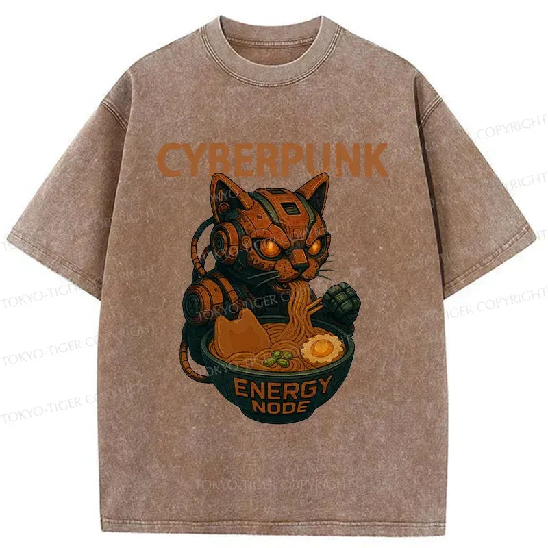 Kyoto-Lion Retro Machine Cat Eating Ramen Washed T-Shirt