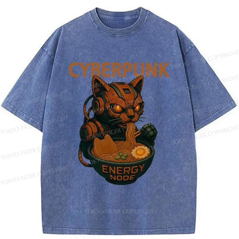 Kyoto-Lion Retro Machine Cat Eating Ramen Washed T-Shirt