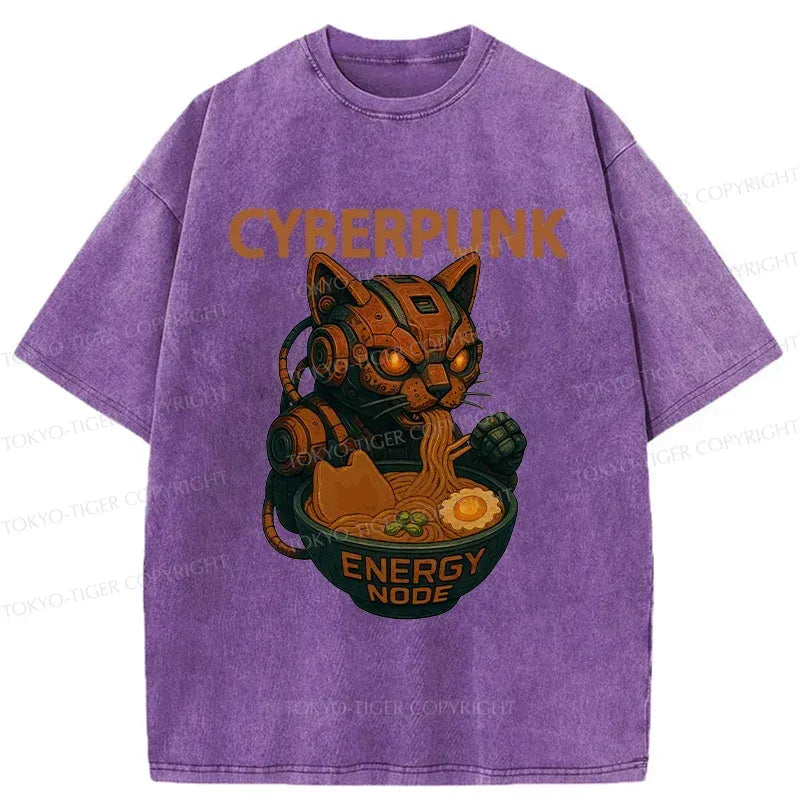 Kyoto-Lion Retro Machine Cat Eating Ramen Washed T-Shirt