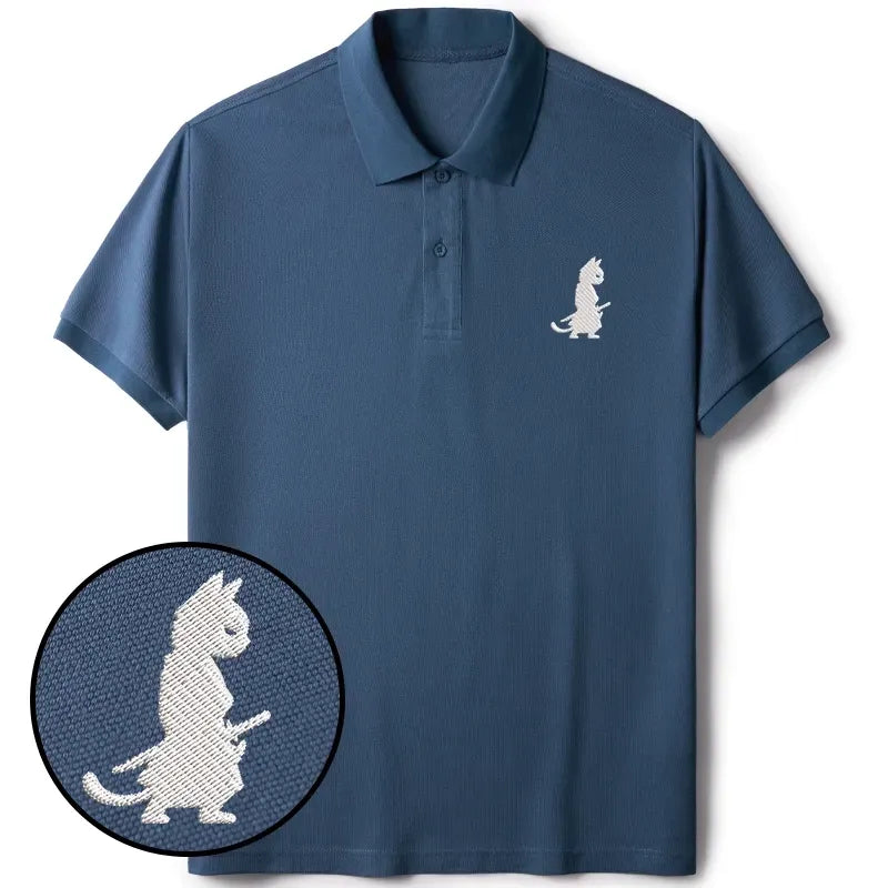 Kyoto-Lion Japanese Samurai Cat Embroidered Polo T-Shirt