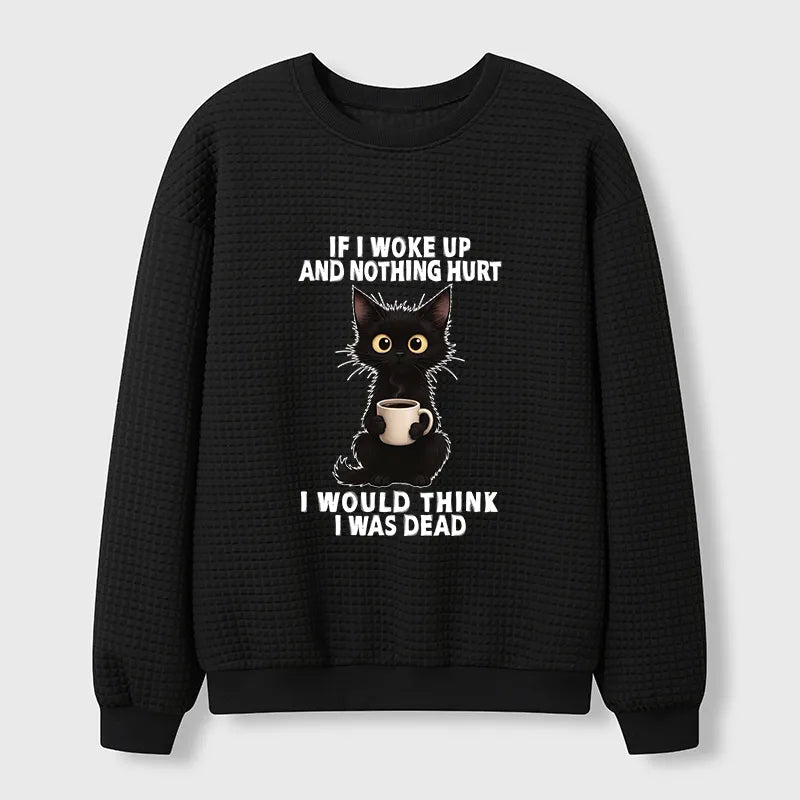 Kyoto-Lion Funny Cute Black Cat And Coffee Meme Waffle Sweatshirt