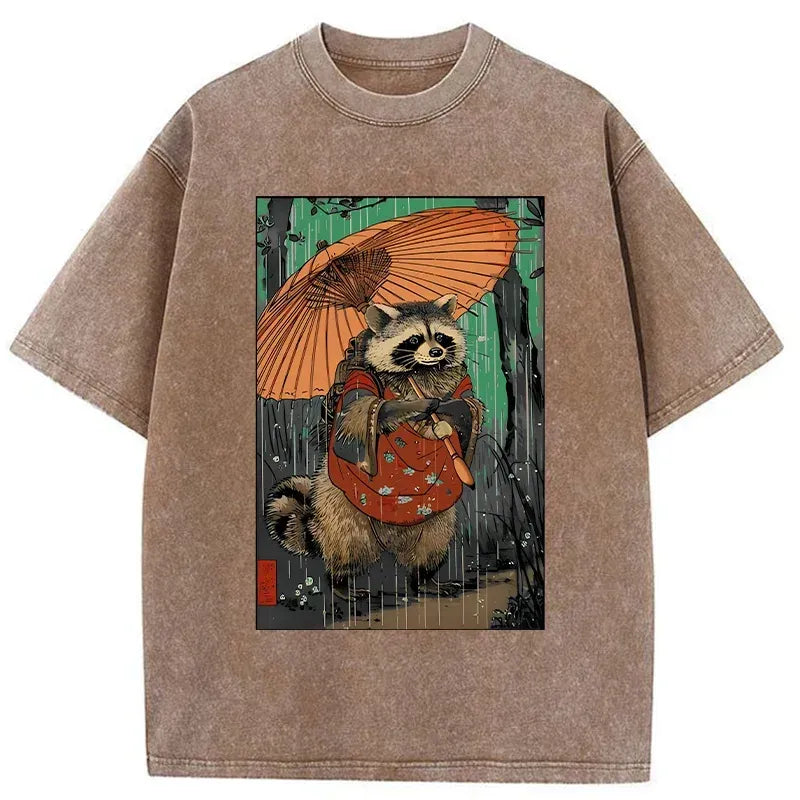 Kyoto-Lion Cute Raccoon Japanese Washed T-Shirt