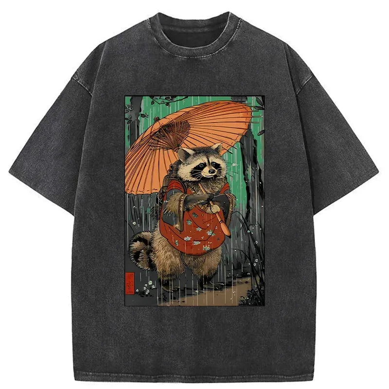 Kyoto-Lion Cute Raccoon Japanese Washed T-Shirt