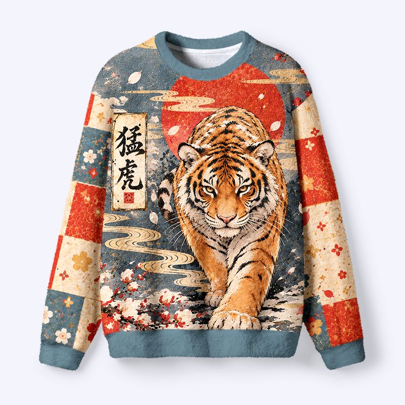 Kyoto-Lion Vintage Mighty Tiger Fuzzy Christmas Ugly Sweatshirt