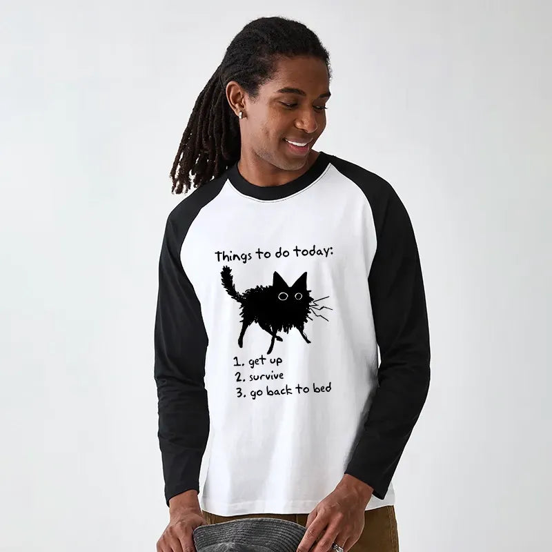 Kyoto-Lion Lazy Cat Survive Day Funny Meme Raglan Long Sleeve T-shirt
