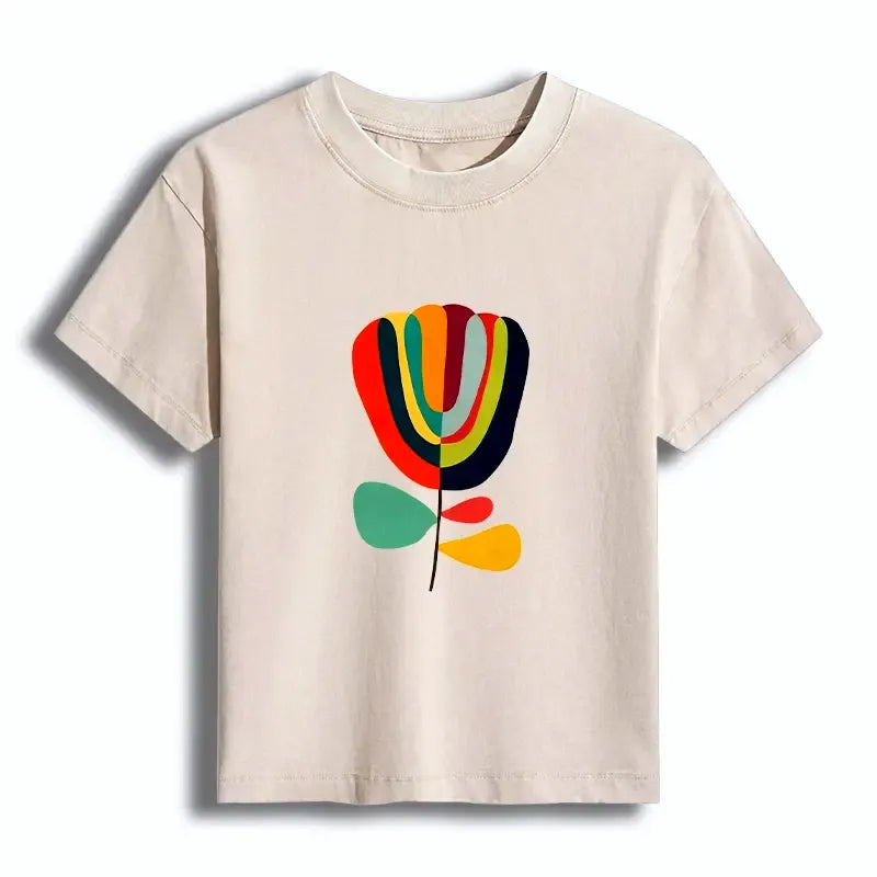 Kyoto-Lion Colorful Flower Minimalist Print Women's Washed T-shirt