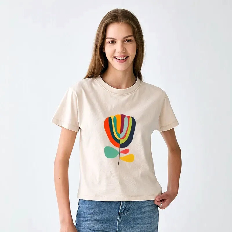 Kyoto-Lion Colorful Flower Minimalist Print Women's Washed T-shirt