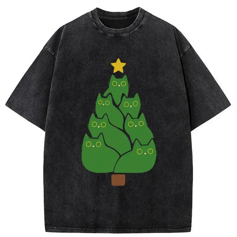 Kyoto-Lion Christmas Tree Cat Japanese Washed T-Shirt