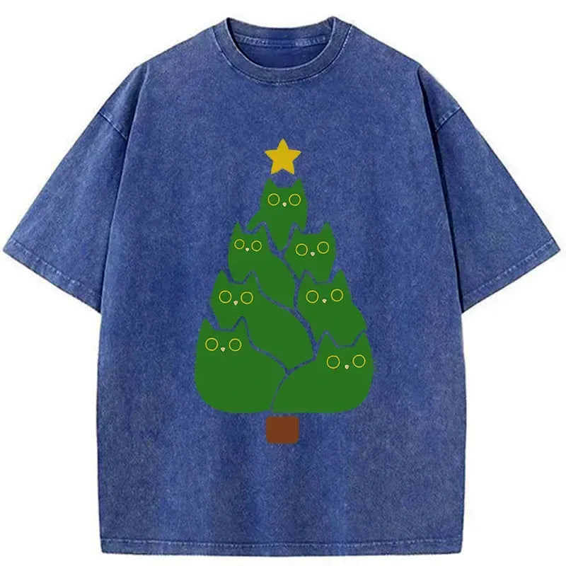 Kyoto-Lion Christmas Tree Cat Japanese Washed T-Shirt
