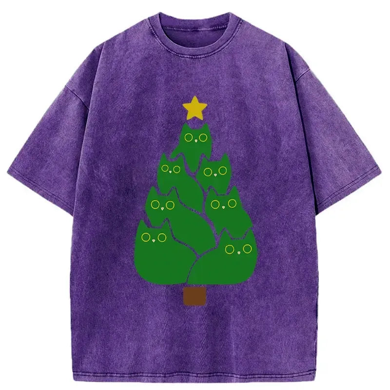 Kyoto-Lion Christmas Tree Cat Japanese Washed T-Shirt