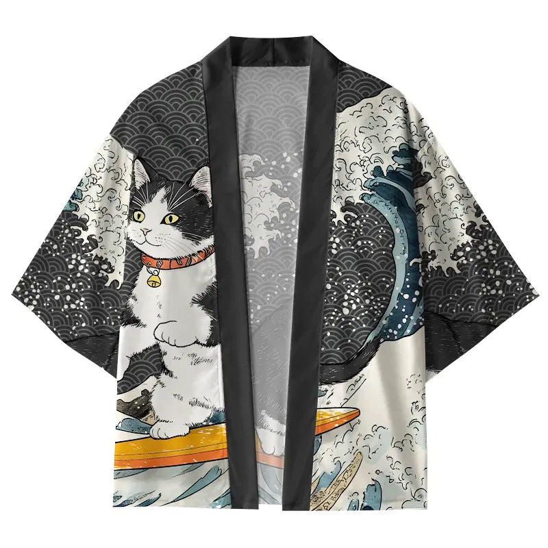 Kyoto-Lion Surfing Cat Kimono Cardigan