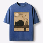 Kyoto-Lion Wabi Sabi Black Cat Night Vibe Washed T-Shirt
