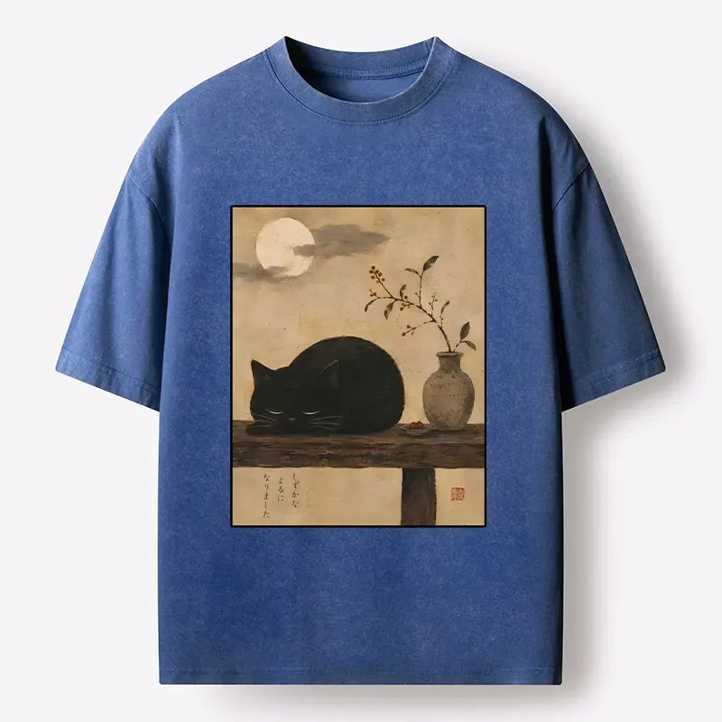 Kyoto-Lion Wabi Sabi Black Cat Night Vibe Washed T-Shirt