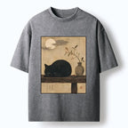 Kyoto-Lion Wabi Sabi Black Cat Night Vibe Washed T-Shirt