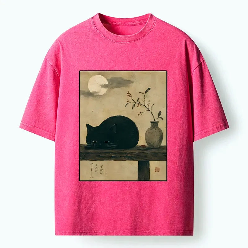 Kyoto-Lion Wabi Sabi Black Cat Night Vibe Washed T-Shirt