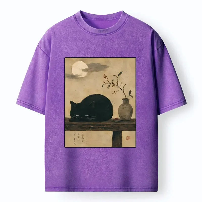 Kyoto-Lion Wabi Sabi Black Cat Night Vibe Washed T-Shirt