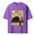 Kyoto-Lion Wabi Sabi Black Cat Night Vibe Washed T-Shirt