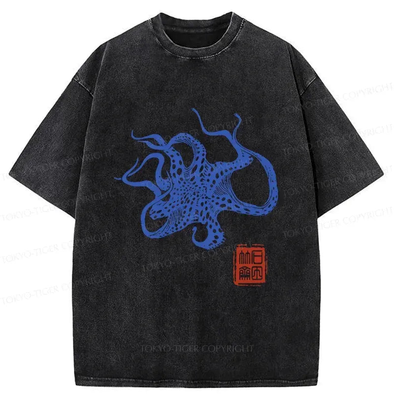 Japanese Octopus Washed T-Shirt for Casual Wear