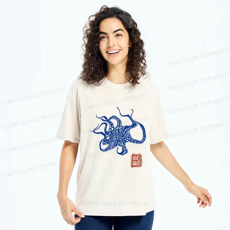 Japanese Octopus Washed T-Shirt for Casual Wear