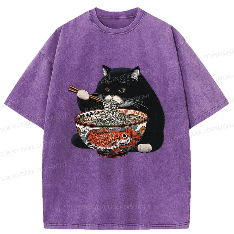 Kyoto-Lion Fat Cat Eating Ramen Washed T-Shirt