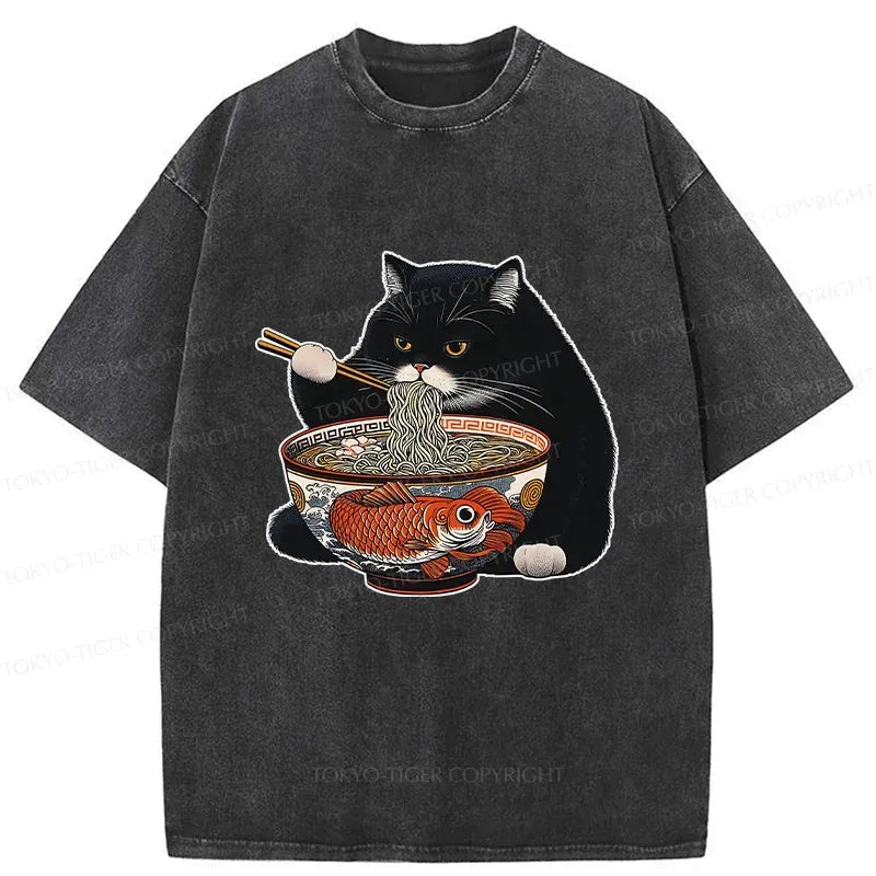 Kyoto-Lion Fat Cat Eating Ramen Washed T-Shirt