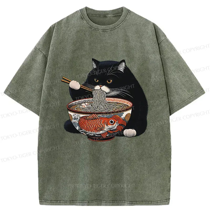Kyoto-Lion Fat Cat Eating Ramen Washed T-Shirt