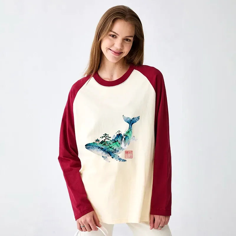 Comfortable Kyoto-Lion Landscape Raglan Tee for Daily Wear