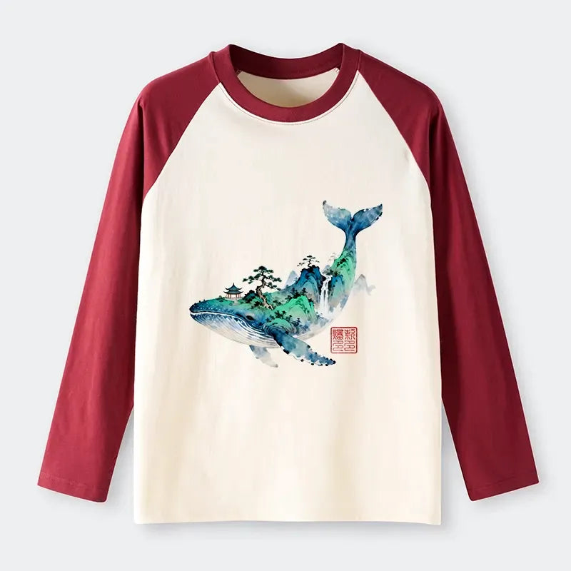 Premium Whale Ink Painting Raglan Long Sleeve T-Shirt