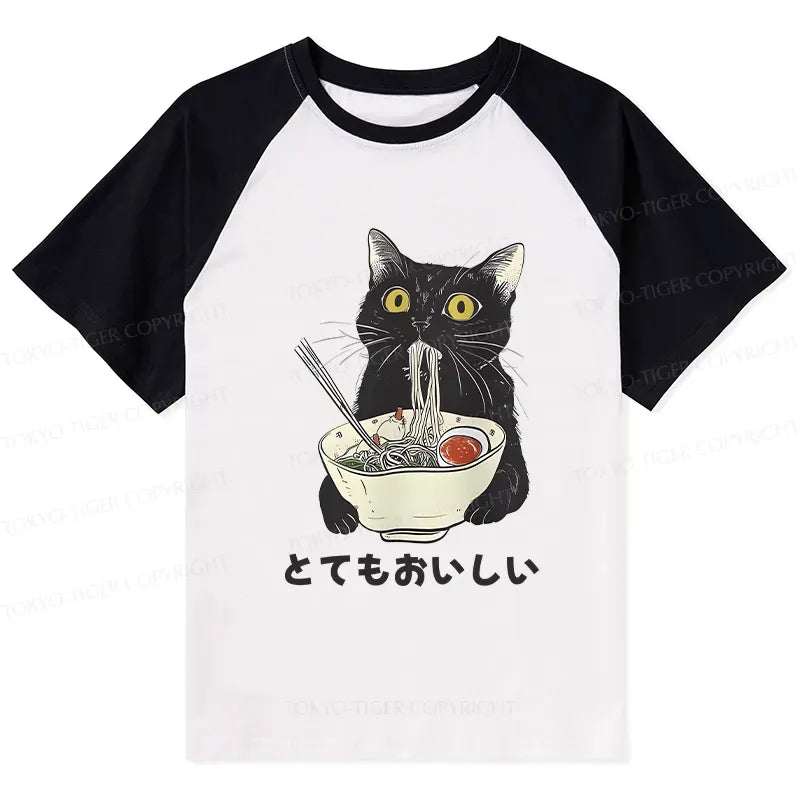 Japanese Cat Eating Ramen Raglan T-shirt