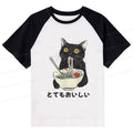 Japanese Cat Eating Ramen Raglan T-shirt