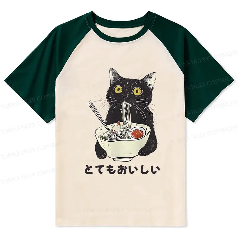 Woodblock Print Cat Ramen T-shirt for Summer