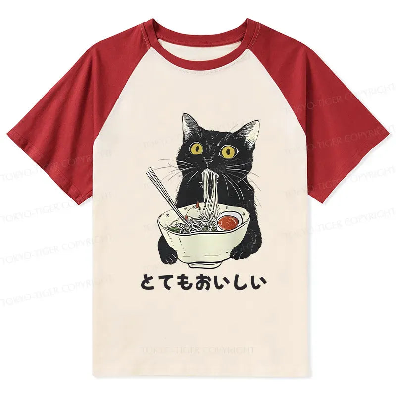 Japanese Cat Eating Ramen Raglan T-shirt