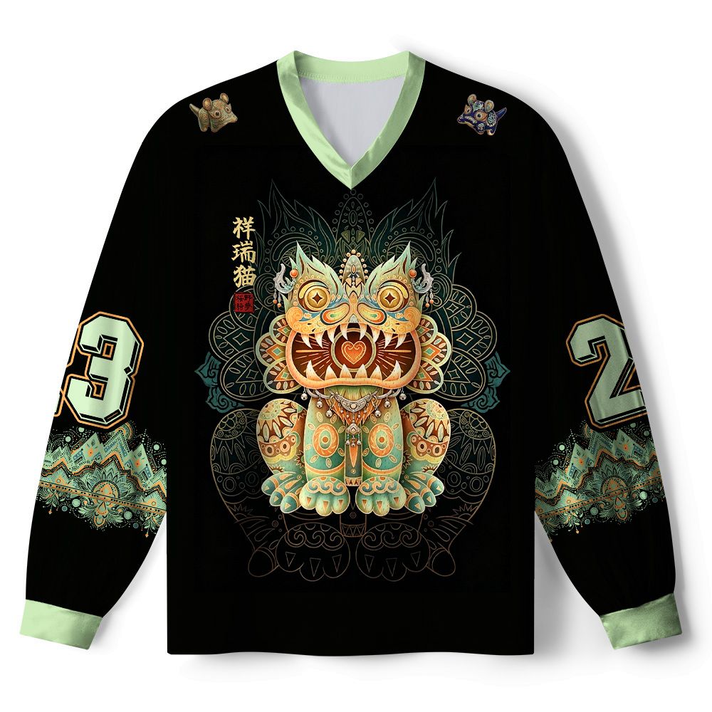 Kyoto-Lion Tribal Auspicious Cat Paneled Long Sleeve Jersey