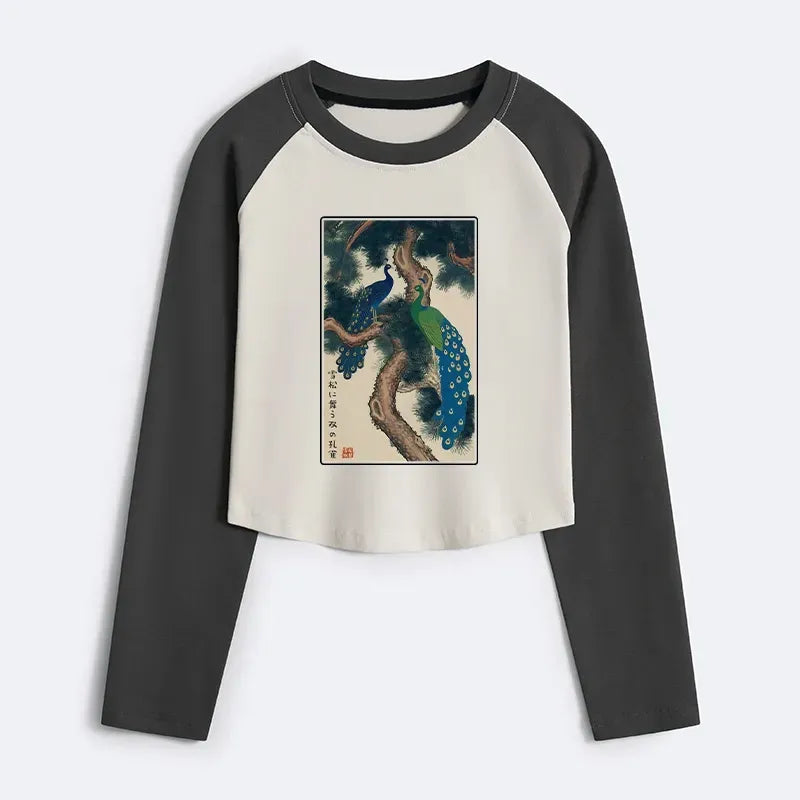Japanese Peacock Crop Raglan T-Shirt for Women