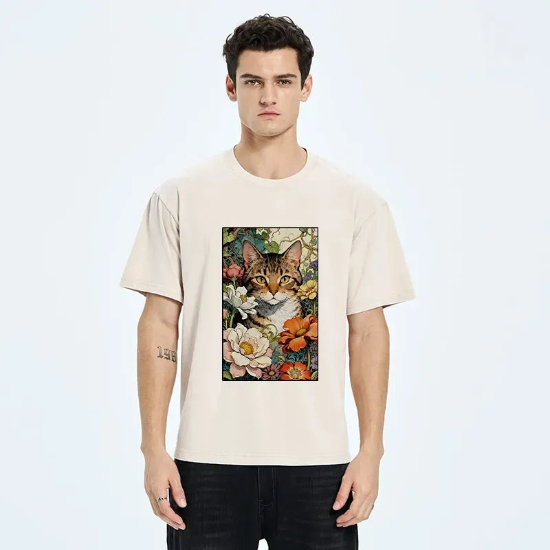 cat hidden in flowers washed t-shirt