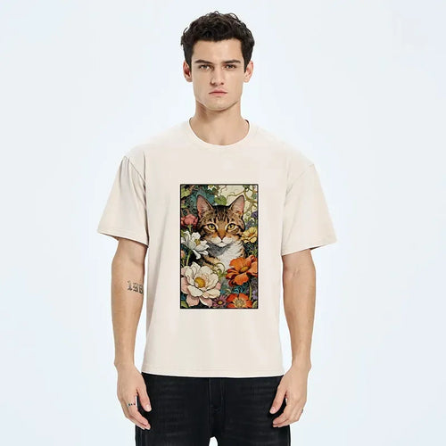 cat hidden in flowers washed t-shirt
