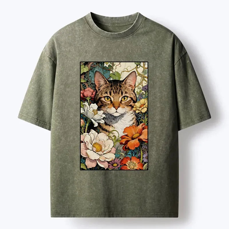 Kyoto-Lion A Cat Hidden In Flowers Washed T-Shirt