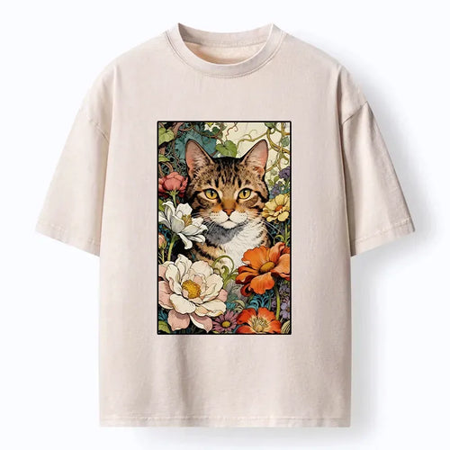 Kyoto-Lion A Cat Hidden In Flowers Washed T-Shirt