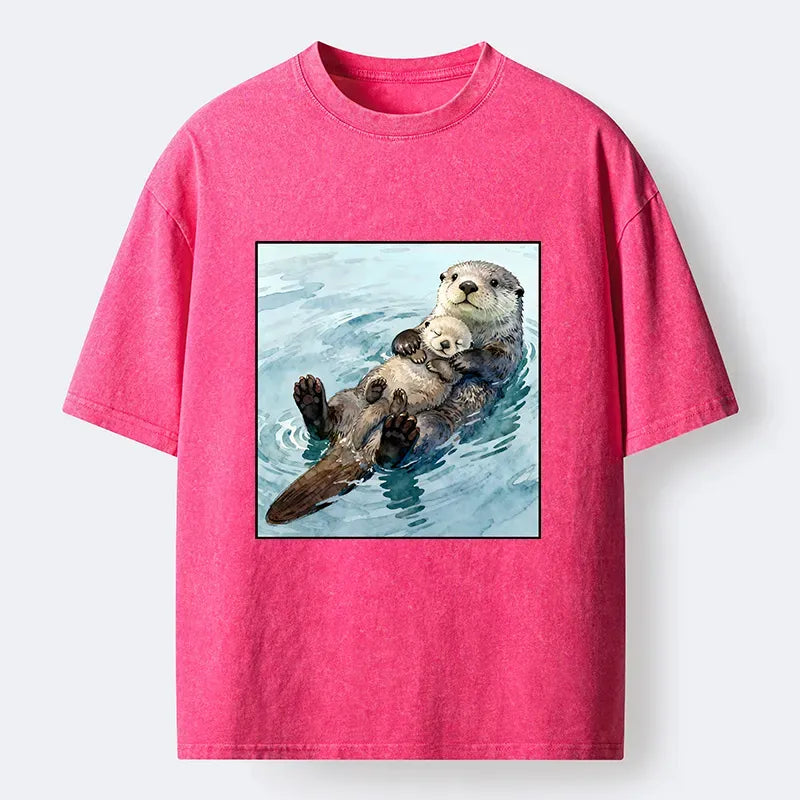 Kyoto-Lion Adorable Sea Otters Washed T-Shirt
