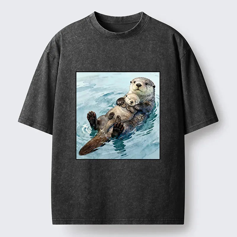 Kyoto-Lion Adorable Sea Otters Washed T-Shirt