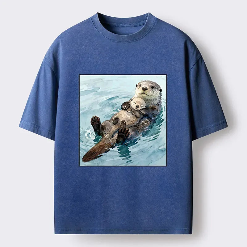 Kyoto-Lion Adorable Sea Otters Washed T-Shirt