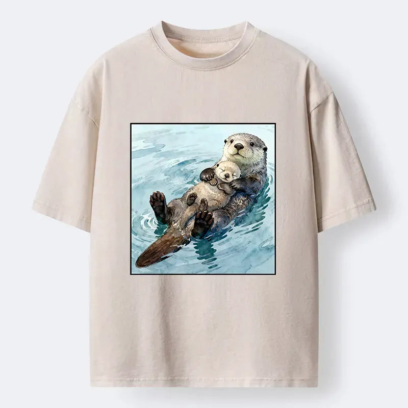 Kyoto-Lion Adorable Sea Otters Washed T-Shirt