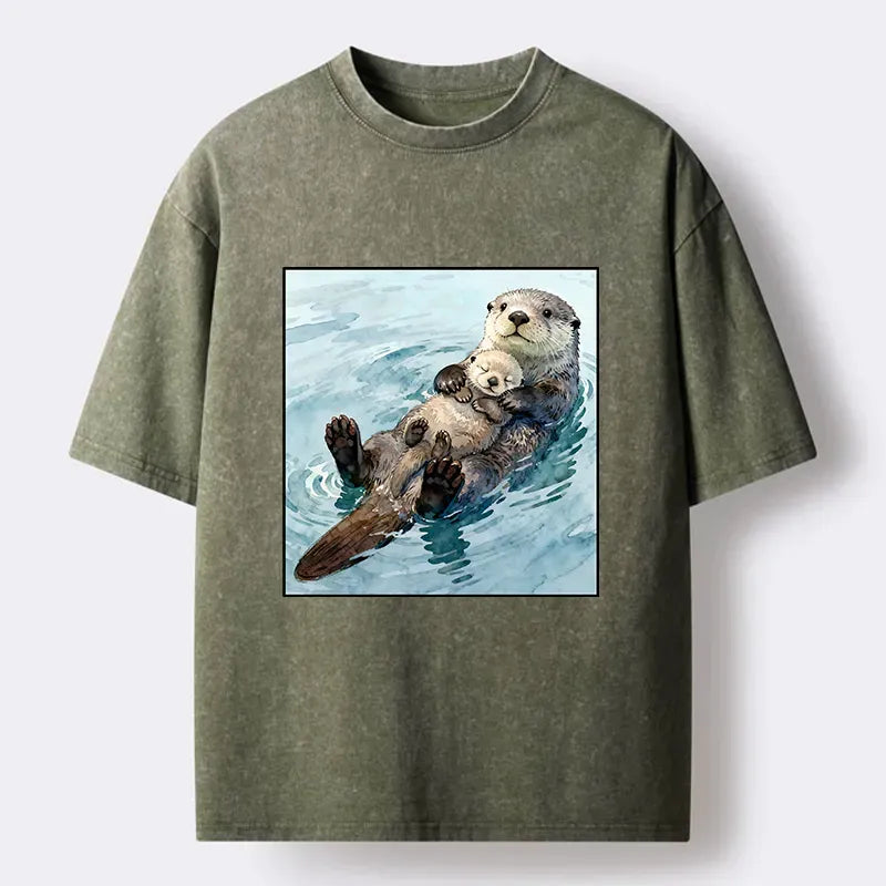 Kyoto-Lion Adorable Sea Otters Washed T-Shirt