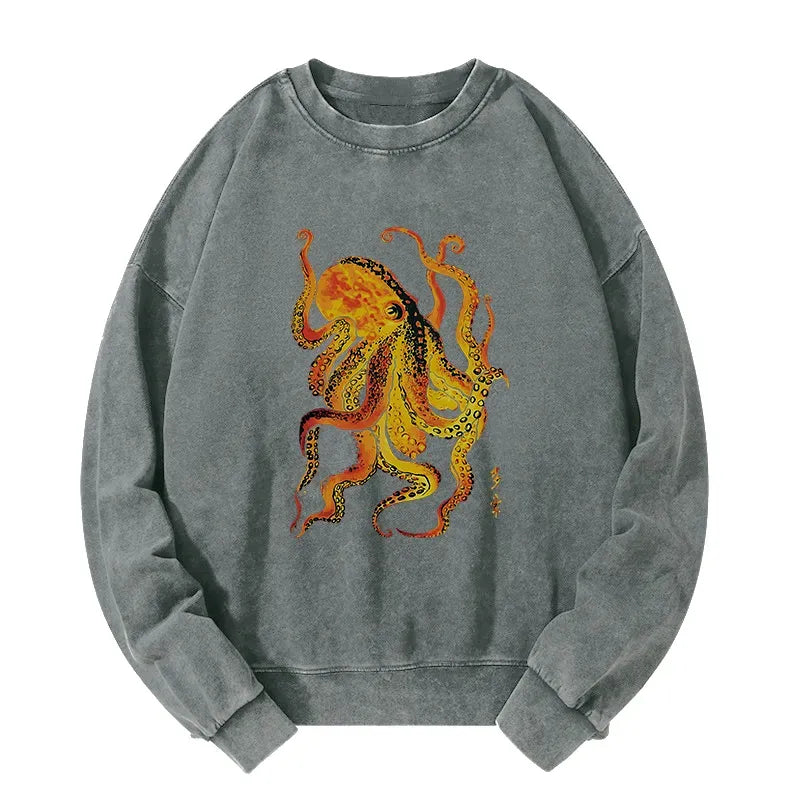 Japanese Octopus Washed Sweatshirt for Daily Wear