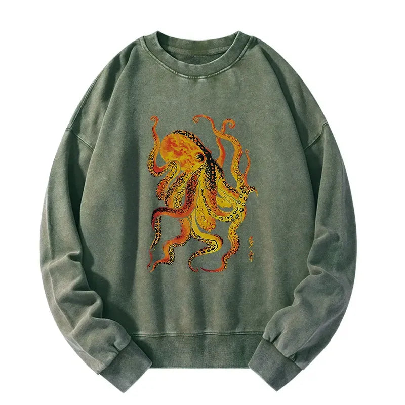 Japanese Octopus Washed Sweatshirt for Daily Wear