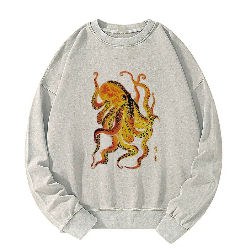 Japanese Octopus Washed Sweatshirt for Daily Wear