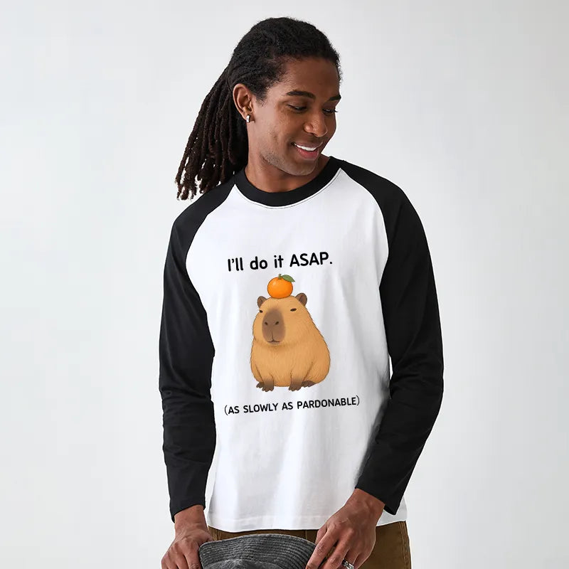 Kyoto-Lion Slow Task Capybara Meme Raglan Long Sleeve T-shirt